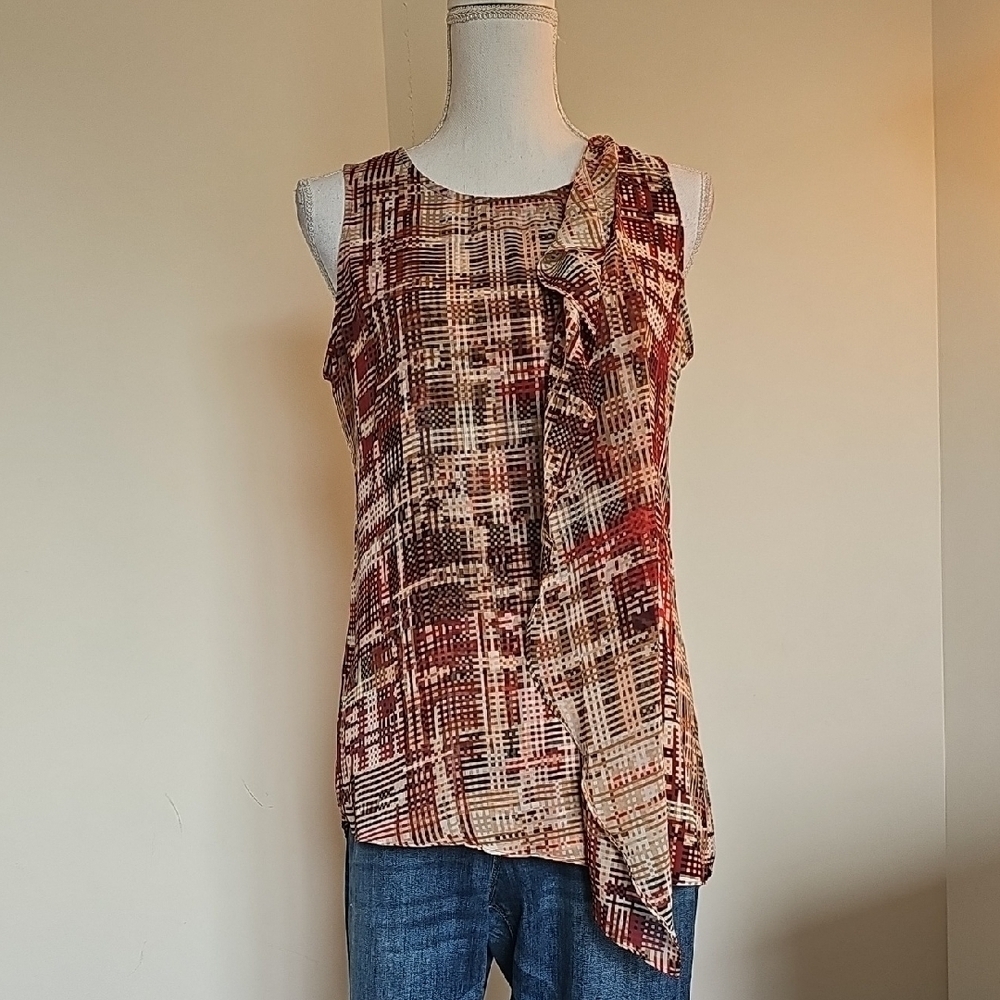 White House Black Market Sleeveless Plaid Blouse - Red and Brown
